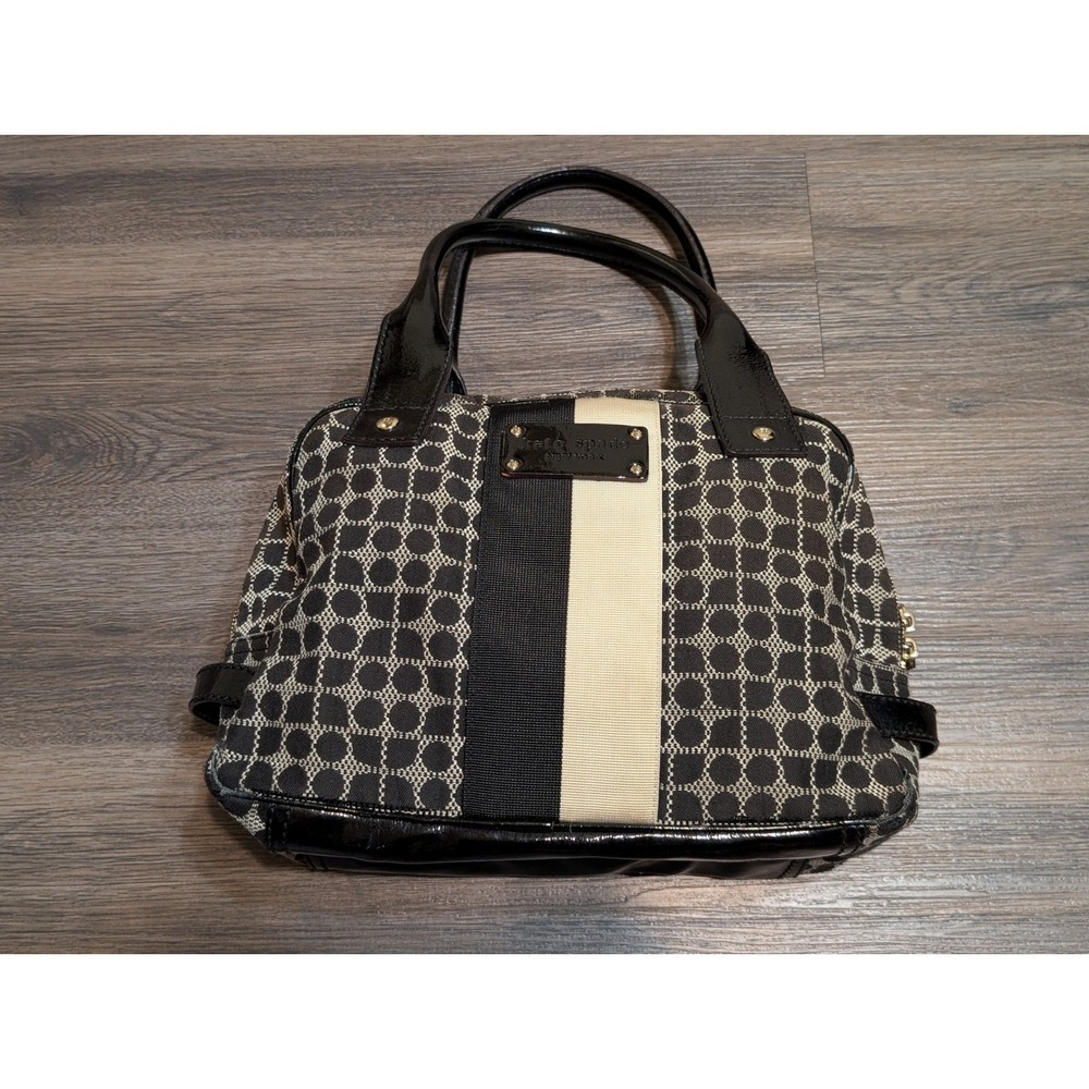 Kate Spade New York Black Beige Signature Logo Print Leather Trim Tote Bag READ